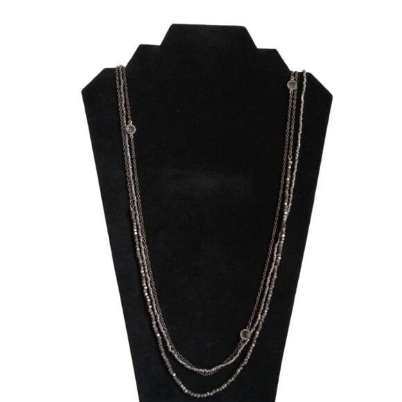 Aeo Silver and Gunmetal Gray Tiny Metal Beaded Rhinestones Multi Strand Necklace - Picture 1 of 11